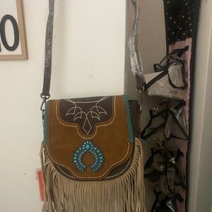 Bohemian Fringe Crossbody Bag - Brown and Turquoise